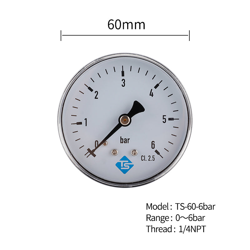 TS-60-6bar High Precision 60mm Large Dial Pressure Gauge 0-6 Bar Water / Gas / Air Pressure Measurement Tool with 1 / 4inch NPT Bottom Mount TS-60-6bar High Precision 60mm Large Dial Pressure Gauge 0-6 Bar Water / Gas / Air Pressure Measurement Tool with 1 / 4inch NPT Bottom Mount